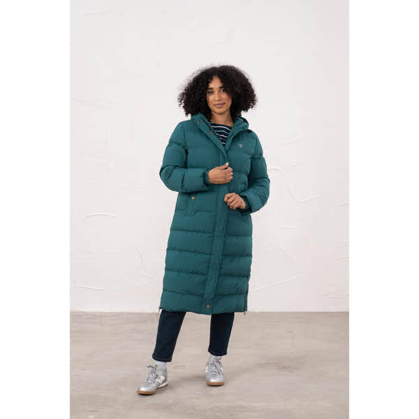 Lighthouse Savannah Pine women’s puffer coat, teal long down jacket with hood, front zipper, and side pockets.