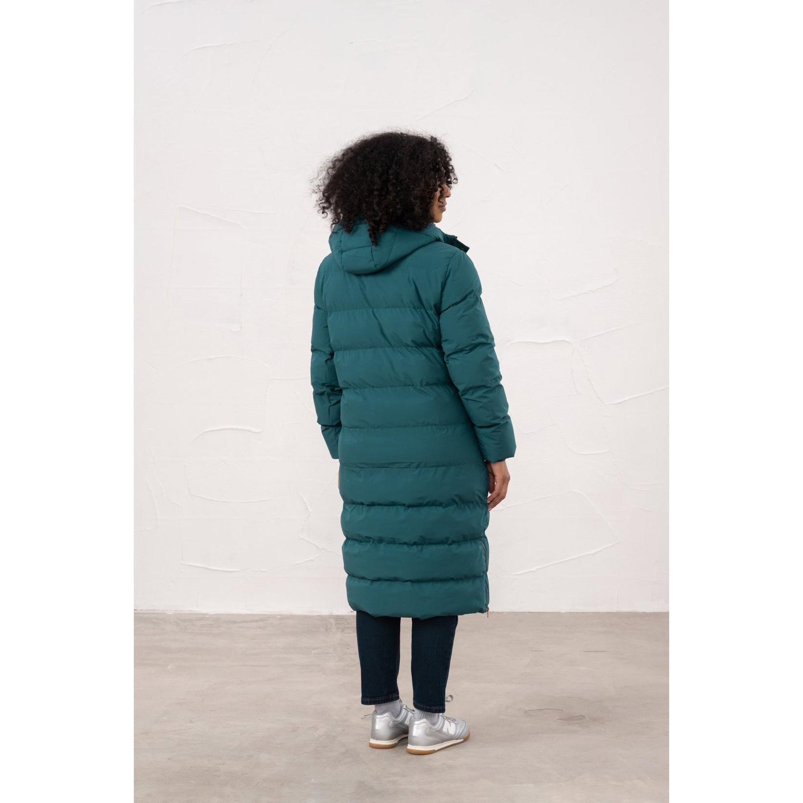 Lighthouse Savannah Pine women's puffer coat with hood, teal color, long length, quilted design, and casual style.