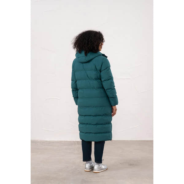 Lighthouse Savannah Pine women's puffer coat with hood, teal color, long length, quilted design, and casual style.