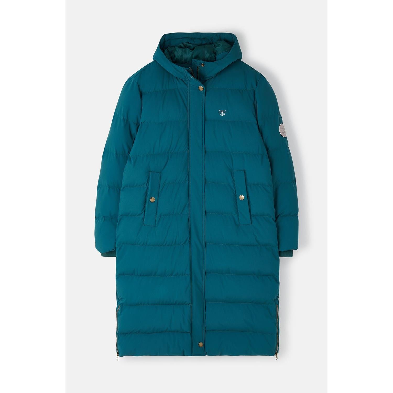 Lighthouse Savannah Pine Ladies Puffer Coat, teal quilted winter jacket with hood, front zipper and snap pockets.