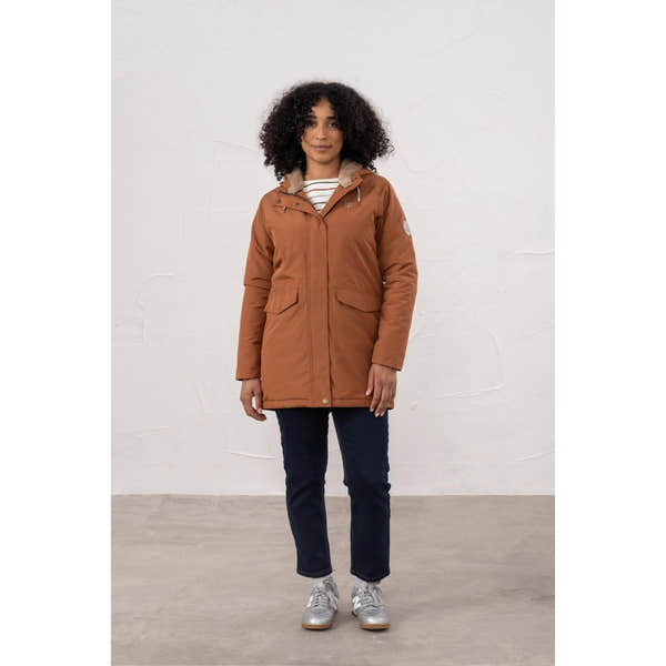 Lighthouse Scarlet Ladies Waterproof Coat in Rust, stylish outdoor jacket with hood, suitable for rainy weather.