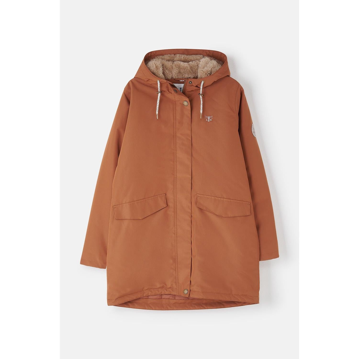 Lighthouse Scarlet Ladies Waterproof Coat in Rust with hood, fleece lining, and front pockets, ideal for rainy weather.