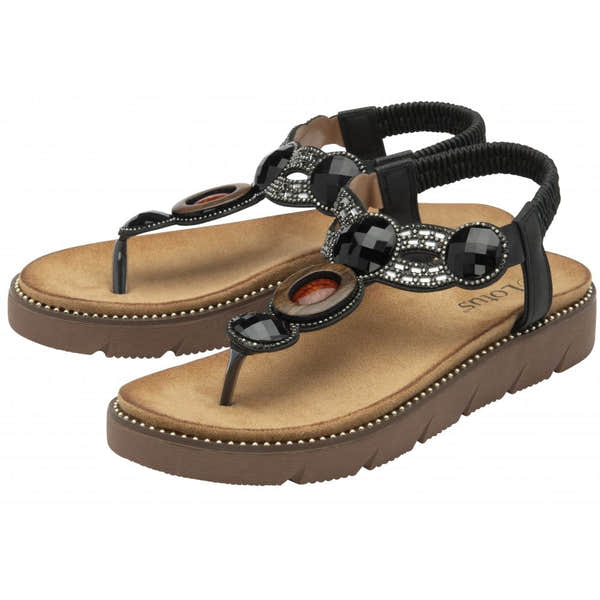 Lotus Alcina women's black elasticated thong sandals with embellished bead and jewel detail, cushioned footbed, and rubber sole.
