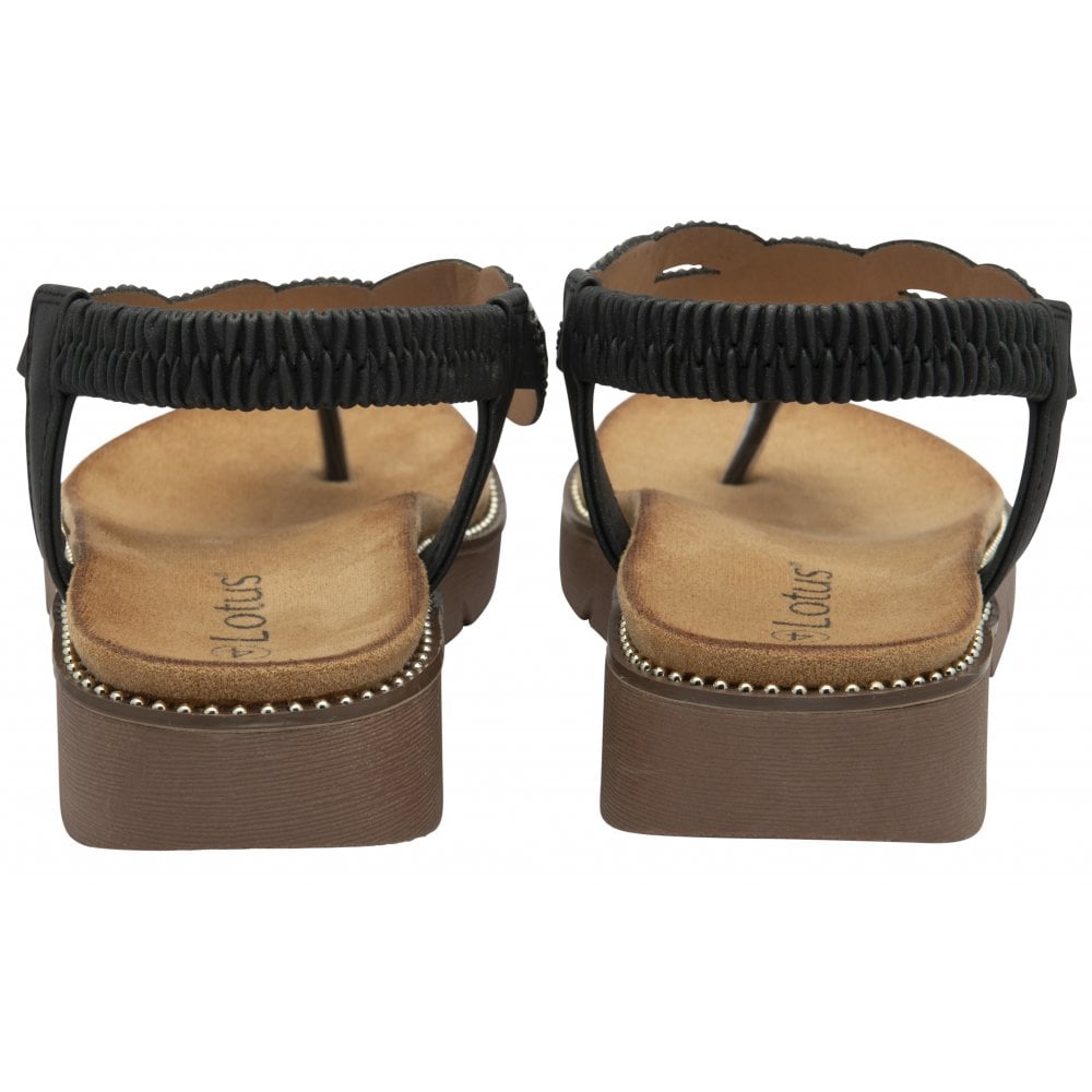 Lotus Alcina women's black elasticated block-heel sandals with cushioned insole and ankle straps.