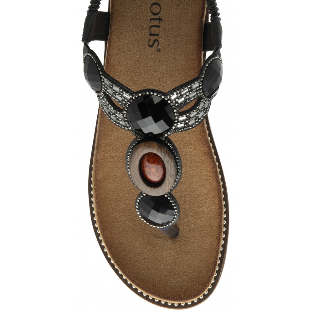 Lotus Alcina women's black elasticated sandals with jeweled embellishments and decorative stones for a stylish look.
