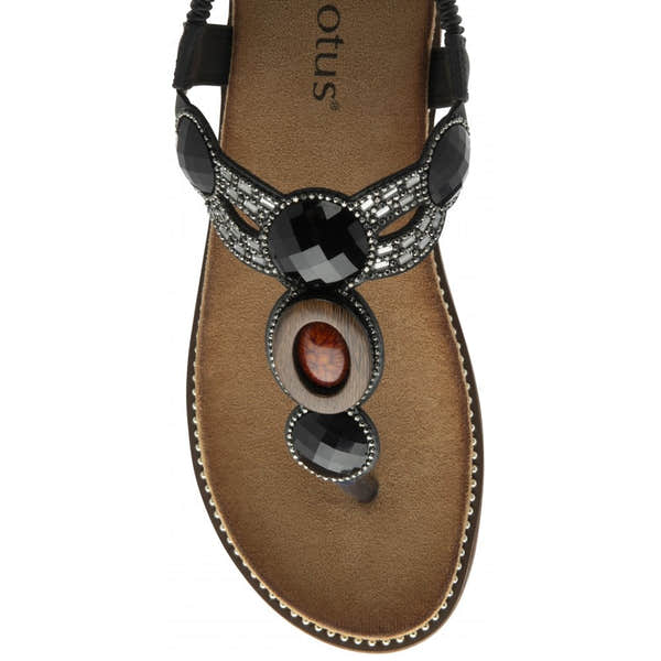 Lotus Alcina women's black elasticated sandals with jeweled embellishments and decorative stones for a stylish look.