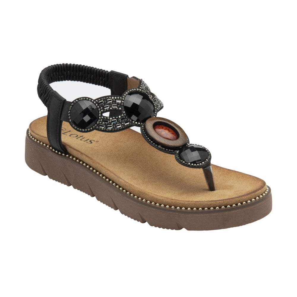 Lotus Alcina women's black elasticated sandal with jeweled embellishments and a cushioned tan footbed.