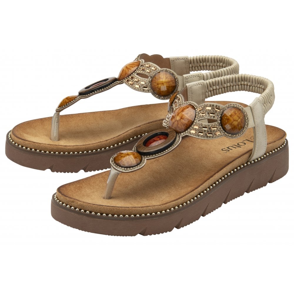 Lotus Alcina ladies' natural elasticated sandals with embellished beaded straps and cushioned brown soles.