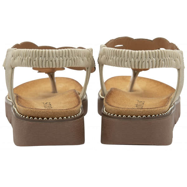 Lotus Alcina ladies elasticated beige flat sandals with cushioned footbed and chunky brown sole.