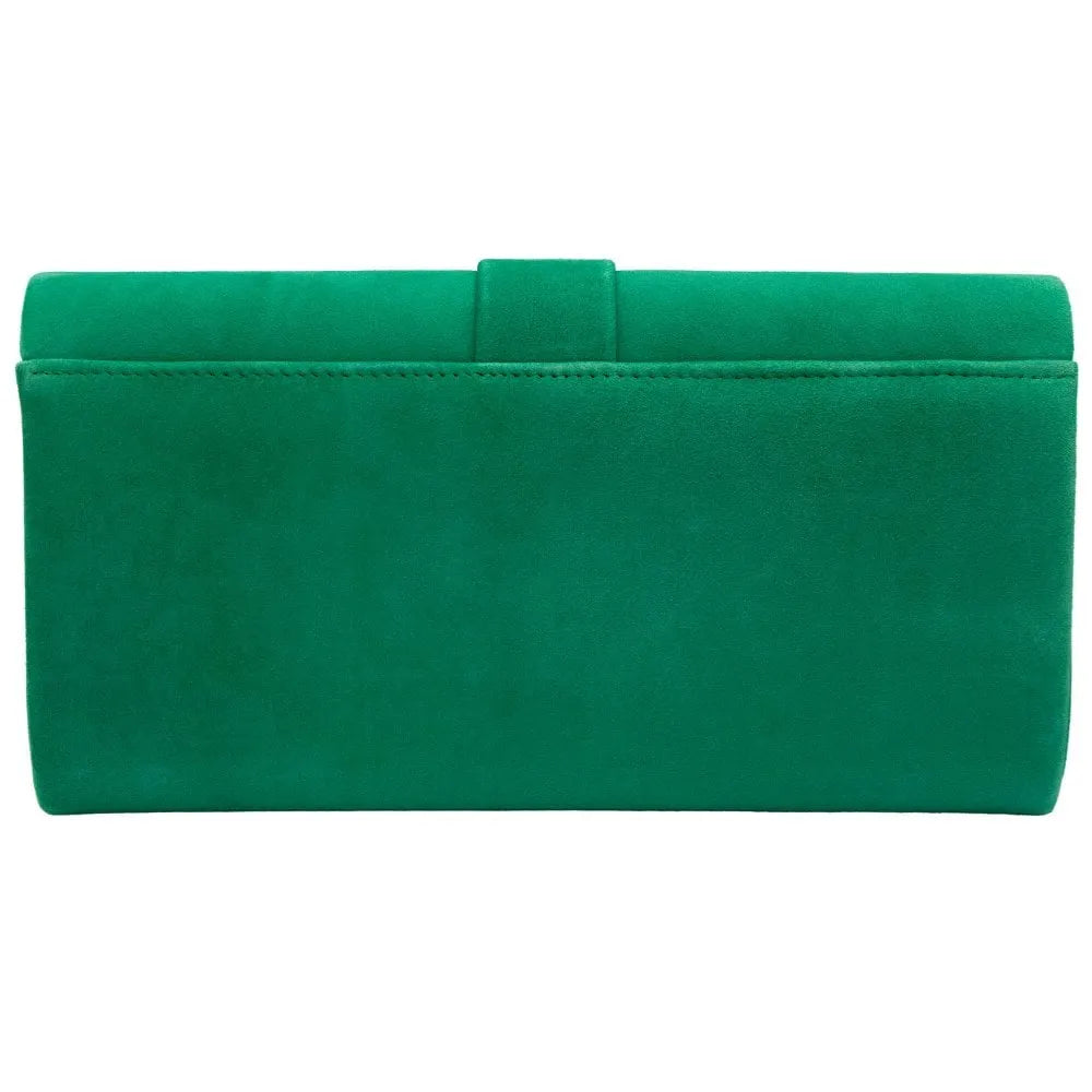 Lotus Aletta green suede occasion clutch bag with sleek design and wrist strap for elegant accessories.