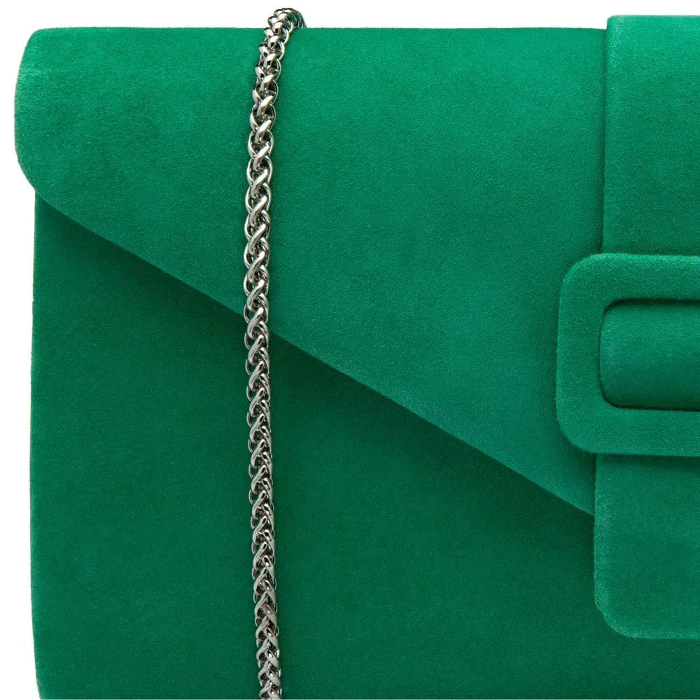 Lotus Aletta Green Suede Occasion Clutch Bag with silver chain strap. Elegant, vibrant green, and perfect for special occasions.