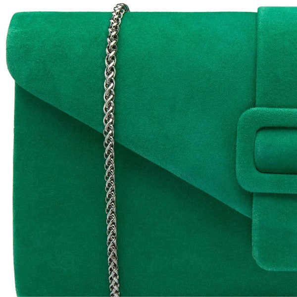 Lotus Aletta Green Suede Occasion Clutch Bag with silver chain strap. Elegant, vibrant green, and perfect for special occasions.