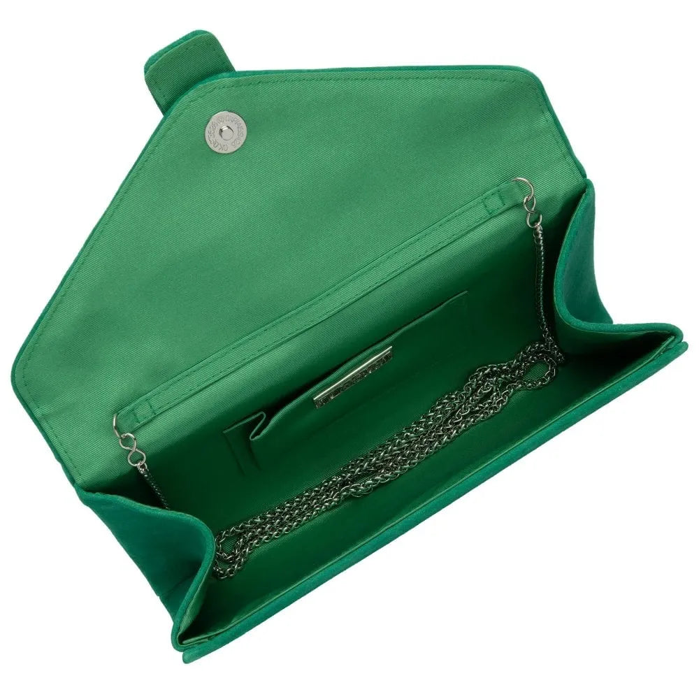 Lotus Aletta Green Suede Occasion Clutch Bag with chain strap and interior zip pocket.