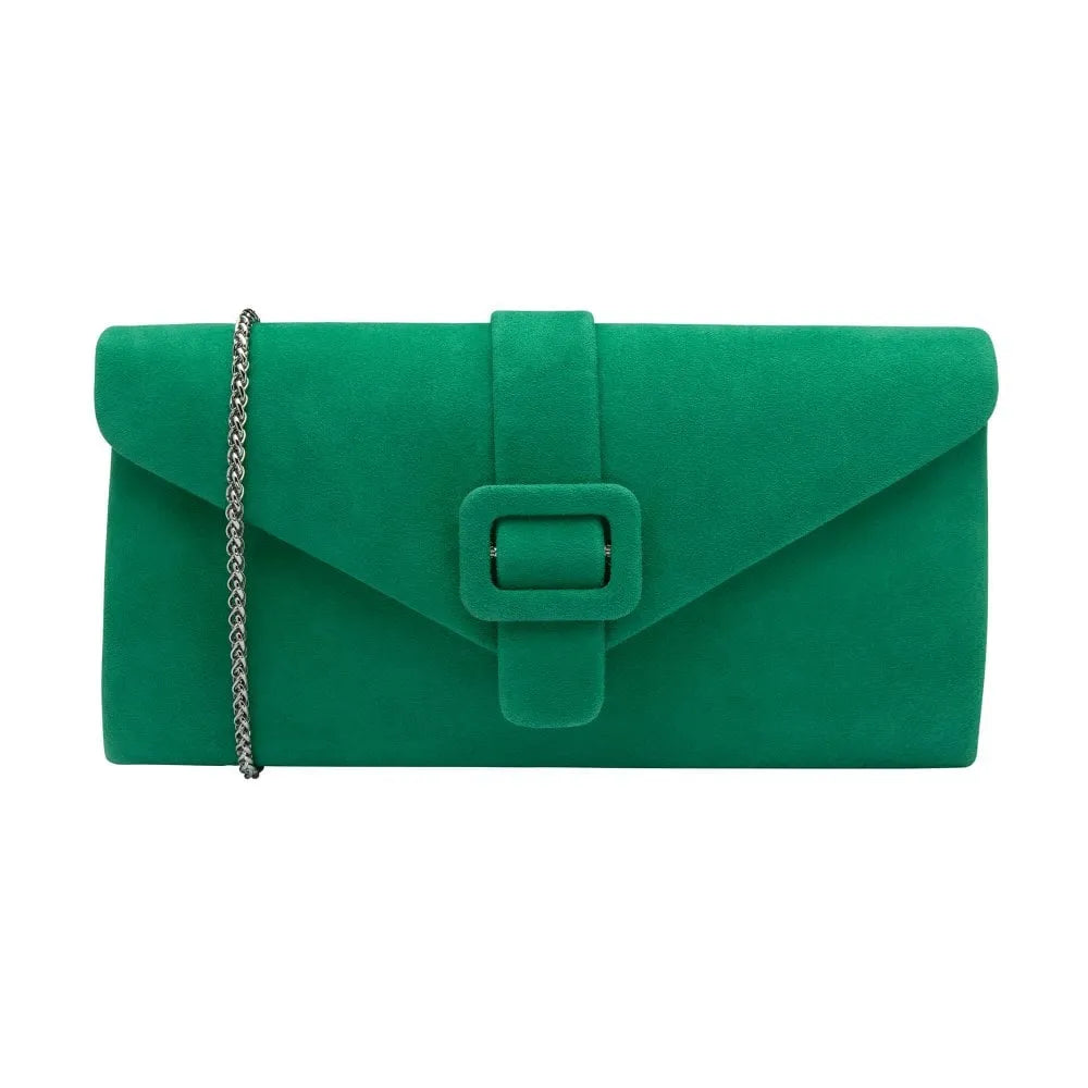 Lotus Aletta Green Suede Occasion Clutch Bag with chain strap and buckle detail. Perfect for formal events and evening outings.