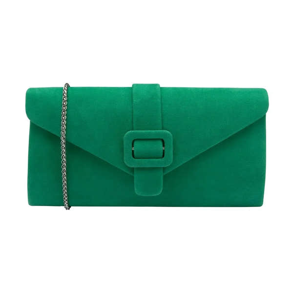 Lotus Aletta Green Suede Occasion Clutch Bag with chain strap and buckle detail. Perfect for formal events and evening outings.