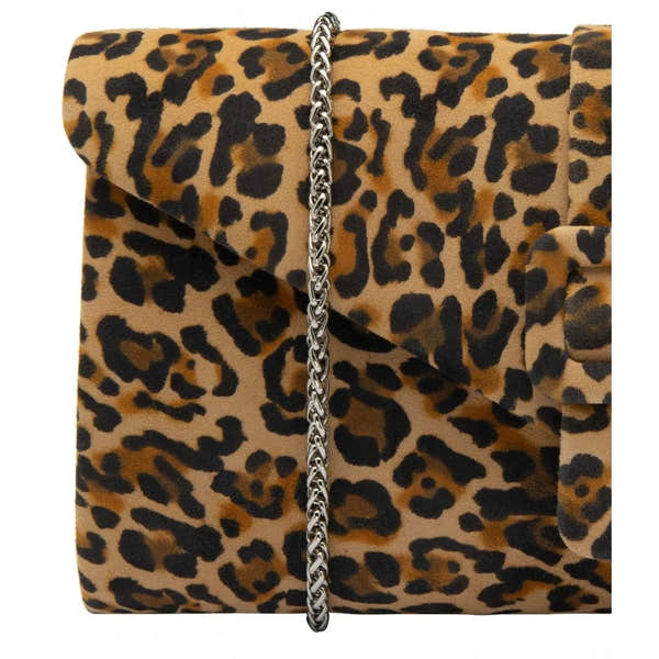 Lotus Aletta Leopard Suede Occasion Clutch Bag with Silver Chain, leopard print, curved design, perfect for evening events.