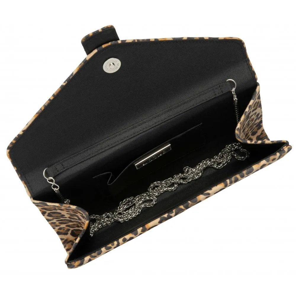Lotus Aletta Leopard Suede Occasion Clutch Bag with chain and interior pocket, stylish animal print design.