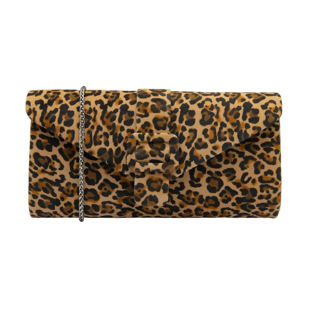 Lotus Aletta Leopard Suede Clutch Bag with bow detail and chain strap, leopard print, stylish women's occasion purse.