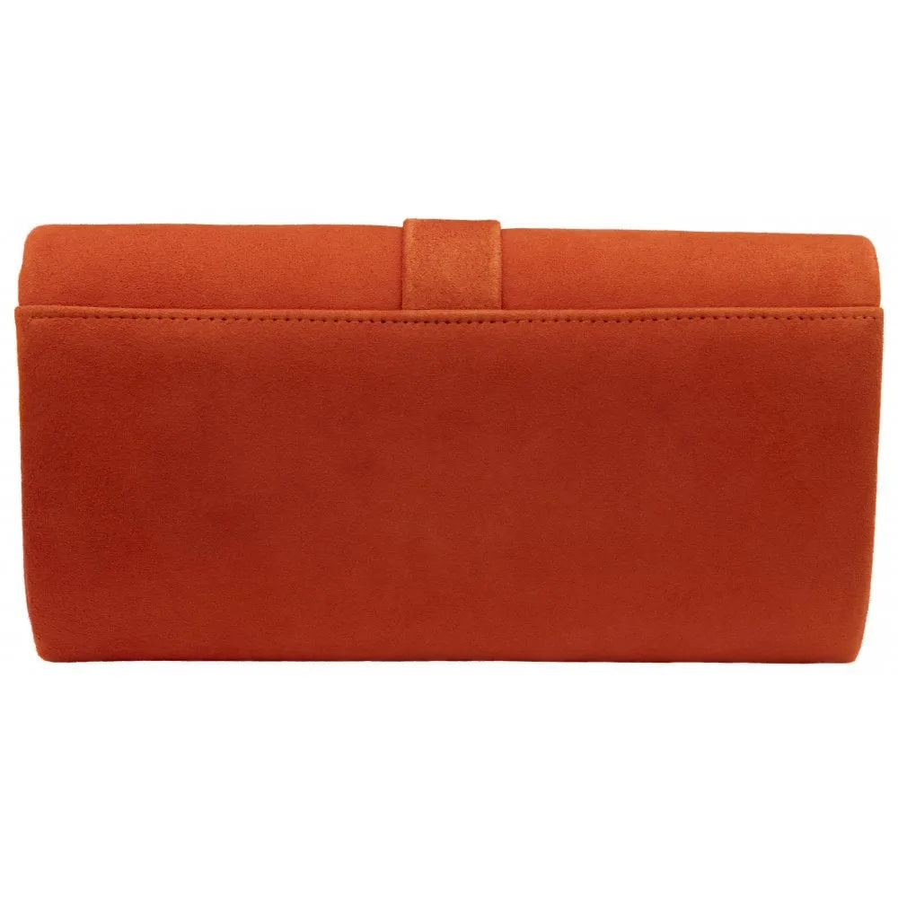 Lotus Aletta Orange Suede Occasion Clutch Bag with slip pocket and strap detail.