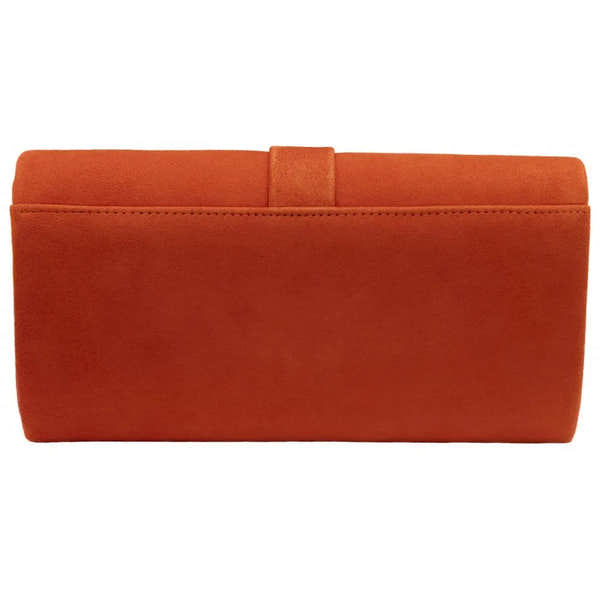 Lotus Aletta Orange Suede Occasion Clutch Bag with slip pocket and strap detail.