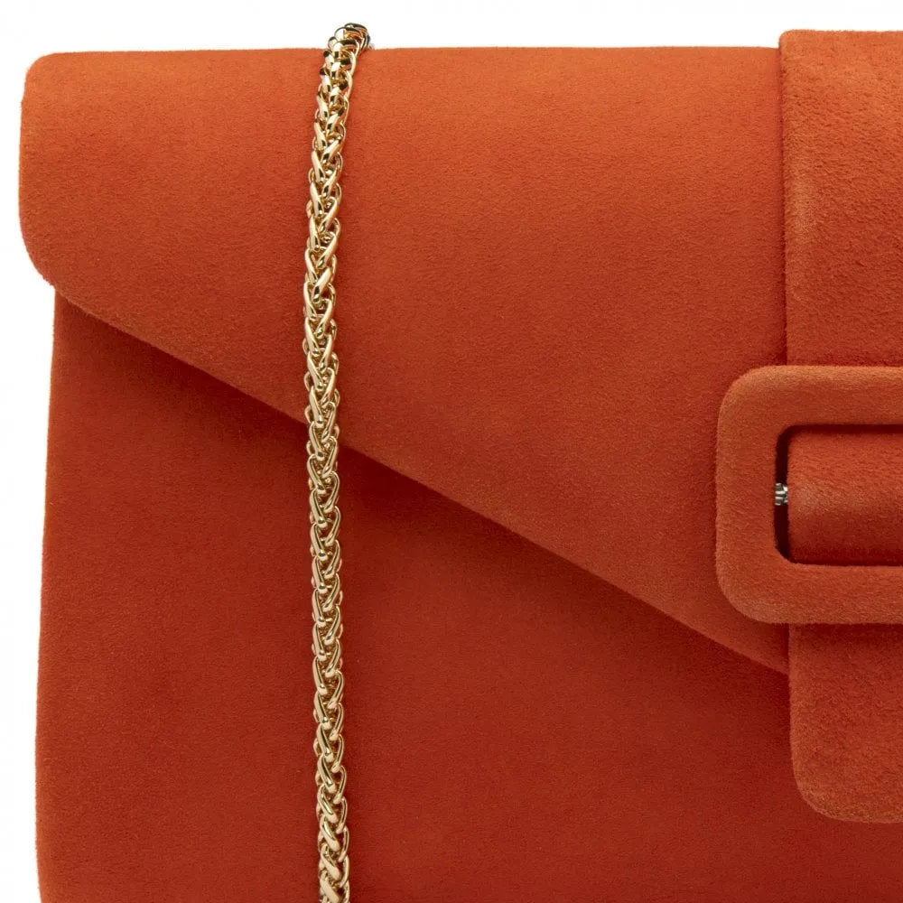 Lotus Aletta Orange Suede Occasion Clutch Bag with Gold Chain Strap, elegant evening accessory.