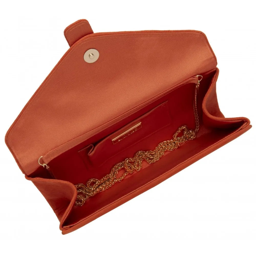 Lotus Aletta Orange Suede Occasion Clutch Bag with gold chain interior and magnetic closure.