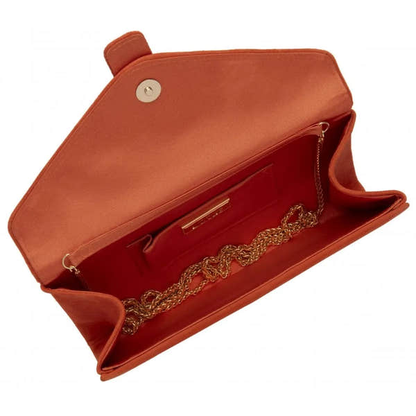 Lotus Aletta Orange Suede Occasion Clutch Bag with gold chain interior and magnetic closure.