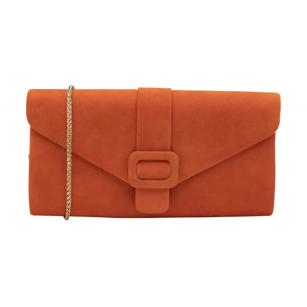Lotus Aletta Orange Suede Occasion Clutch Bag with Gold Chain Strap and buckle closure.