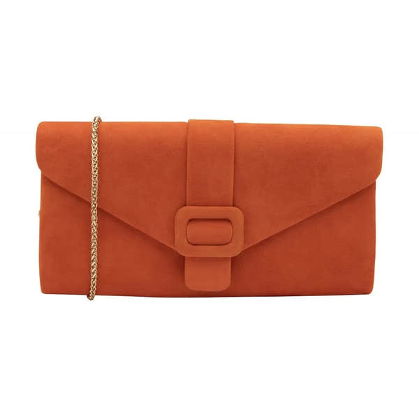 Lotus Aletta Orange Suede Occasion Clutch Bag with Gold Chain Strap and buckle closure.