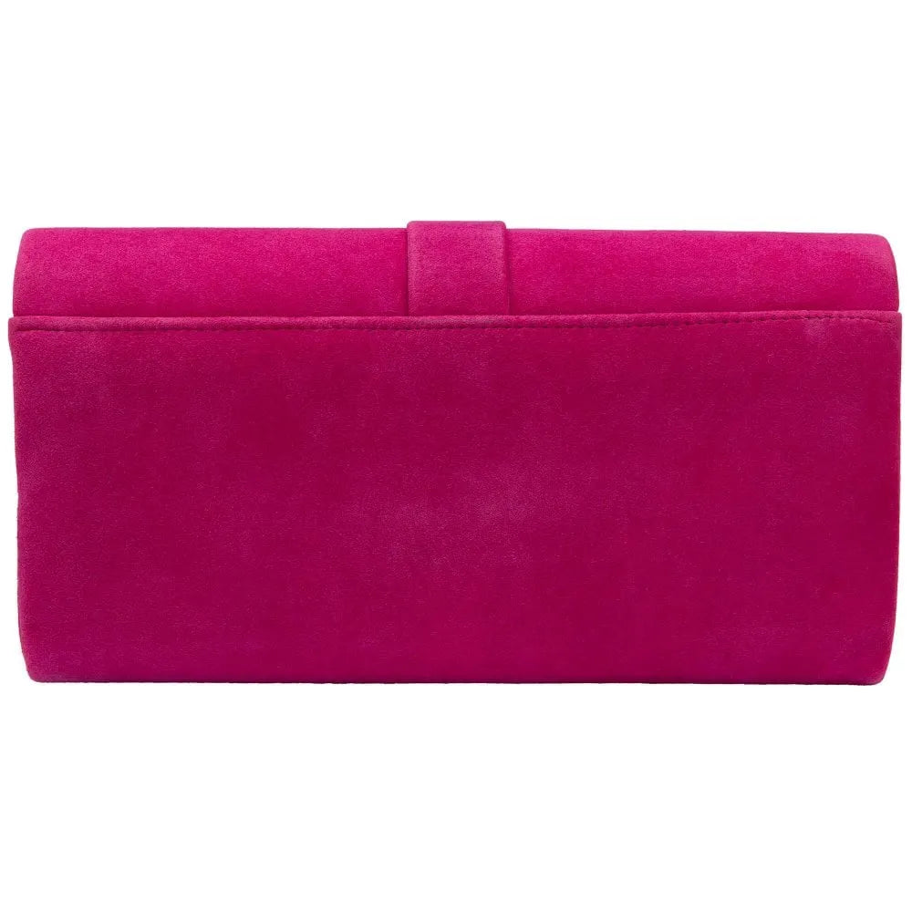 Pink suede Lotus Aletta occasion clutch bag with sleek design and magnetic closure. Perfect for evening events and special occasions.