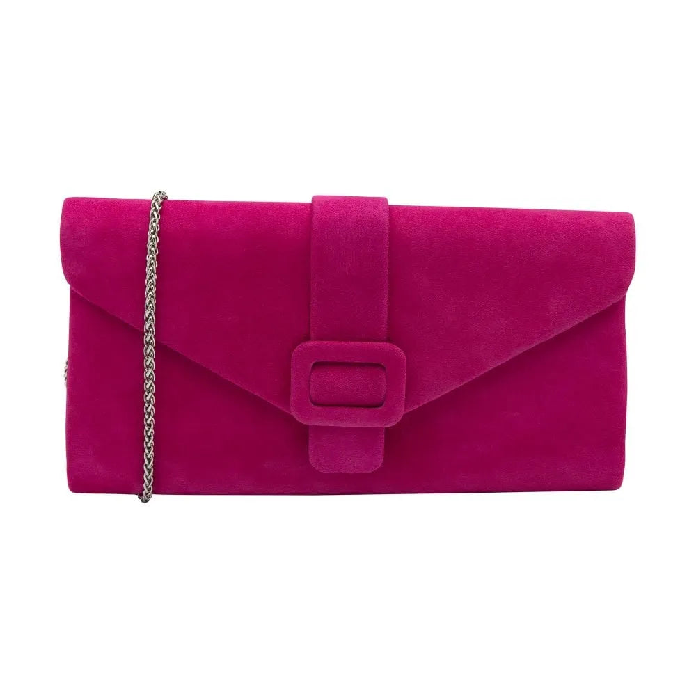 Lotus Aletta Pink Suede Occasion Clutch Bag with silver chain strap and buckle detail.