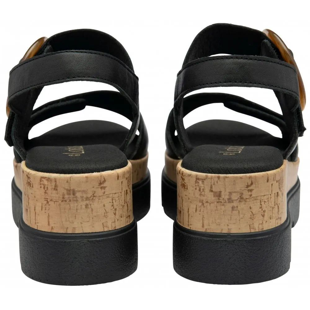 Lotus Cammie women's black leather touch-fastening sandals with cork heel and chunky sole.