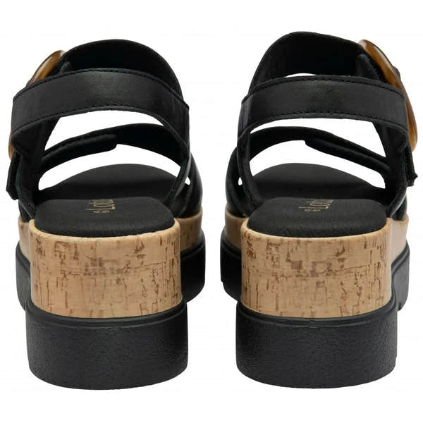 Lotus Cammie women's black leather touch-fastening sandals with cork heel and chunky sole.