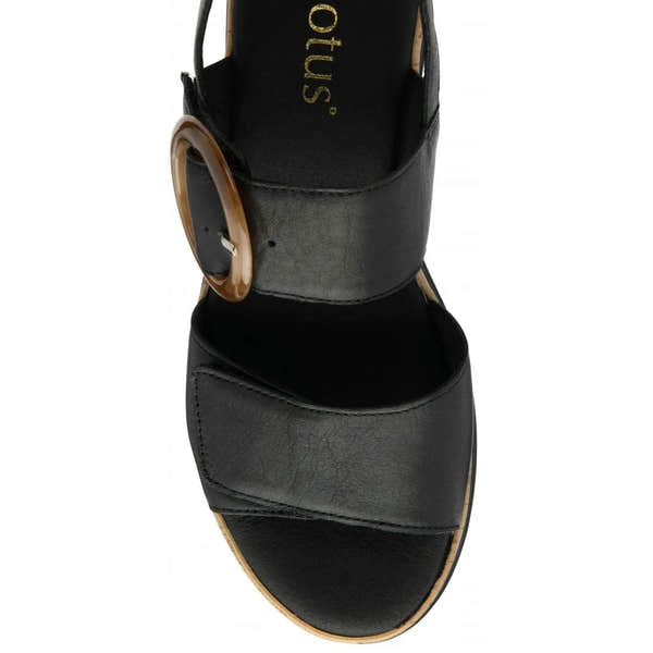 Lotus Cammie Ladies Black Leather Touch Fastening Sandals with buckle strap and open toe design.