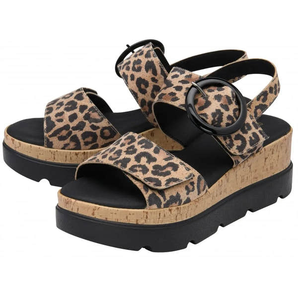 Lotus Cammie women's leopard print leather touch fastening platform sandals with cork sole and chunky black outsole.