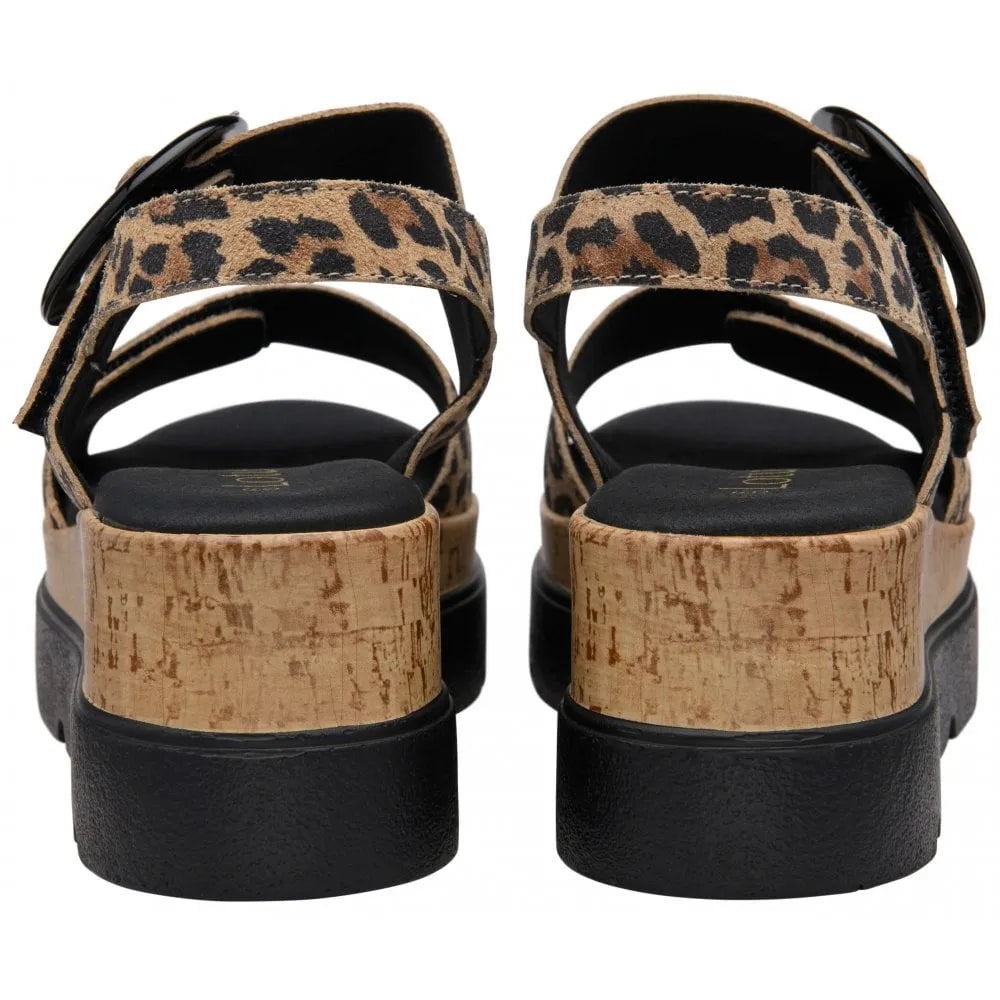 Lotus Cammie women's leopard leather touch fastening sandals with chunky cork heel and black accents.