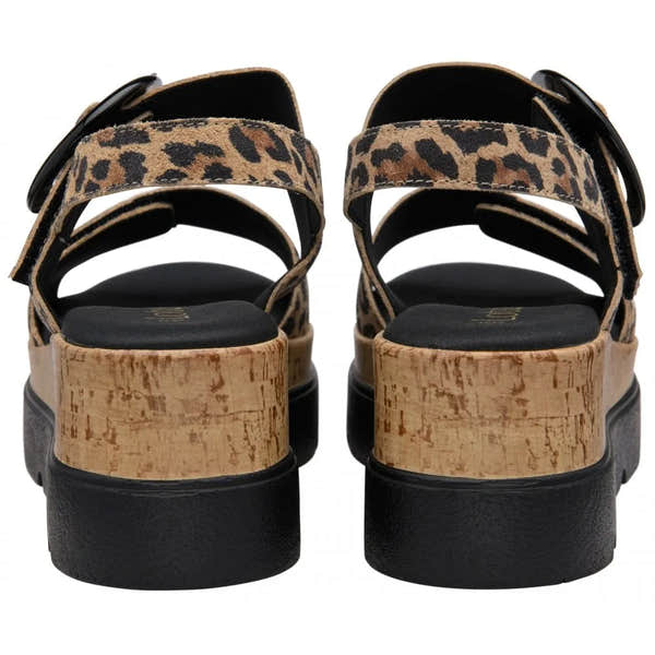 Lotus Cammie women's leopard leather touch fastening sandals with chunky cork heel and black accents.