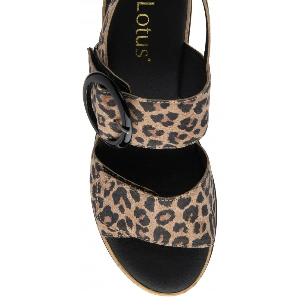 Lotus Cammie ladies leopard print leather touch fastening sandals with ankle strap and decorative buckle.