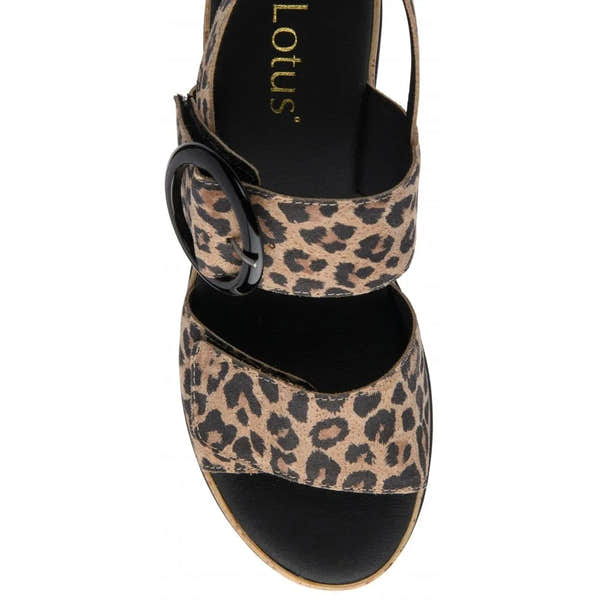 Lotus Cammie ladies leopard print leather touch fastening sandals with ankle strap and decorative buckle.