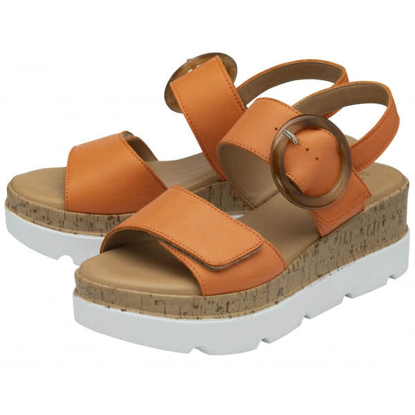 Lotus Cammie women's orange leather touch-fastening sandals with buckle straps and cushioned cork-textured platform sole.