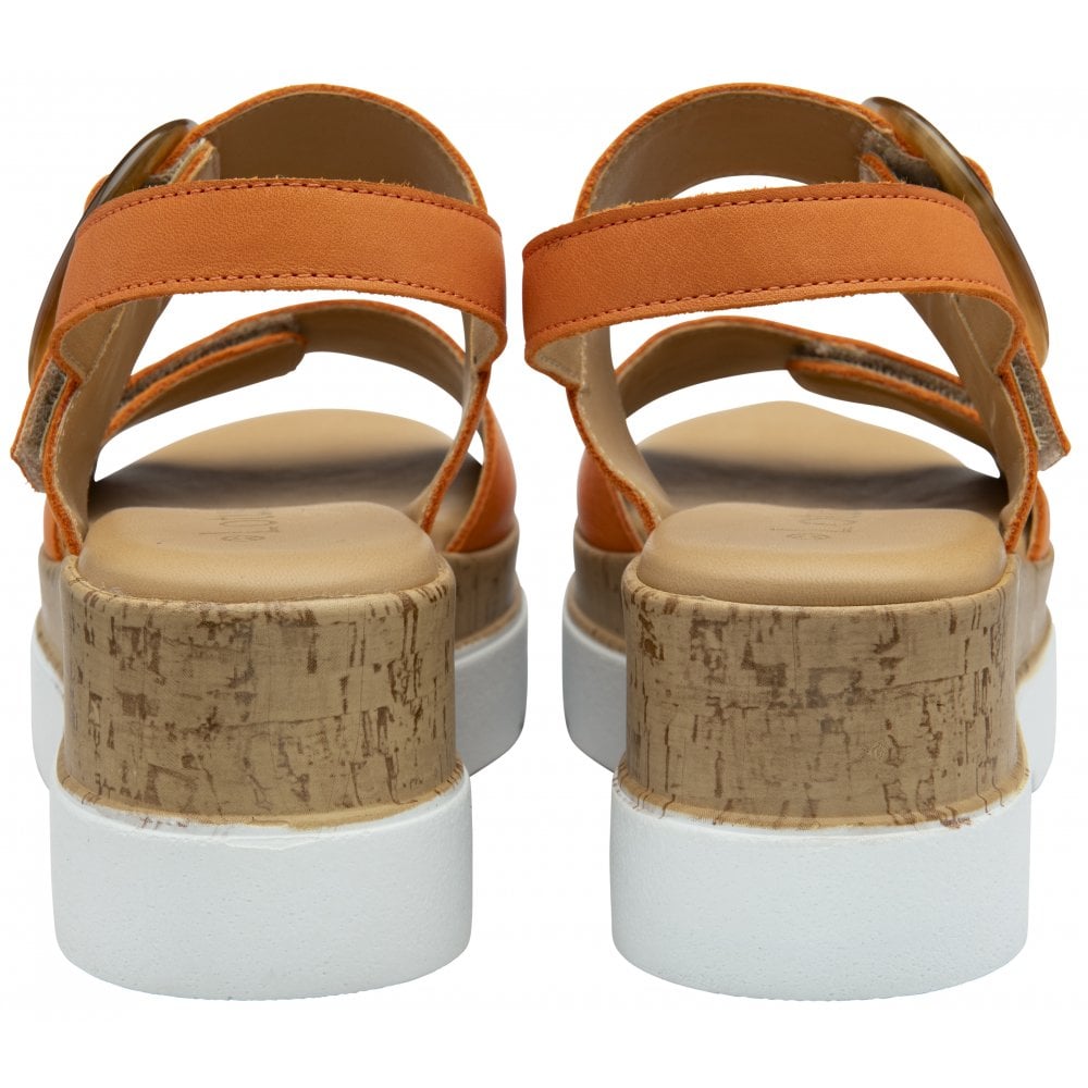 Lotus Cammie women's orange leather touch fastening platform sandals with cork wedge heel.