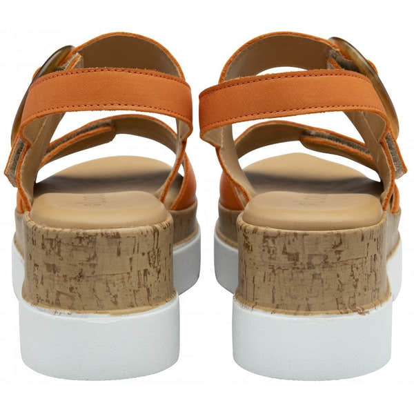 Lotus Cammie women's orange leather touch fastening platform sandals with cork wedge heel.