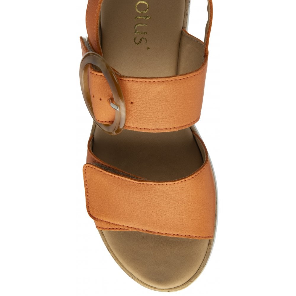 Lotus Cammie women's orange leather touch-fastening sandals with wide straps and circular buckle detail.