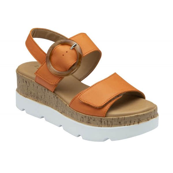 Lotus Cammie ladies orange leather touch fastening sandals with chunky platform sole and decorative circular buckle.