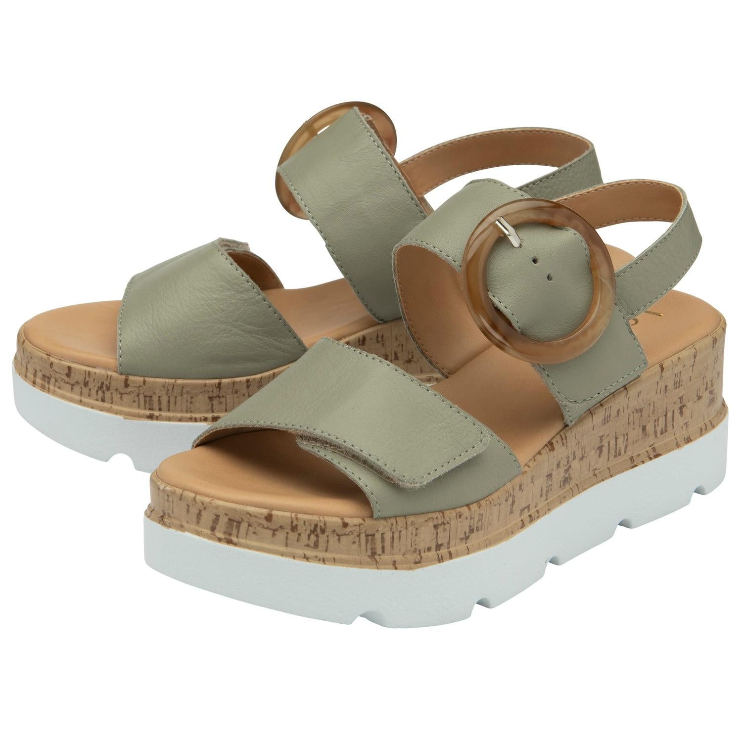 Lotus Cammie women's sage leather touch-fastening sandals with cork wedge heel and chunky white platform sole.