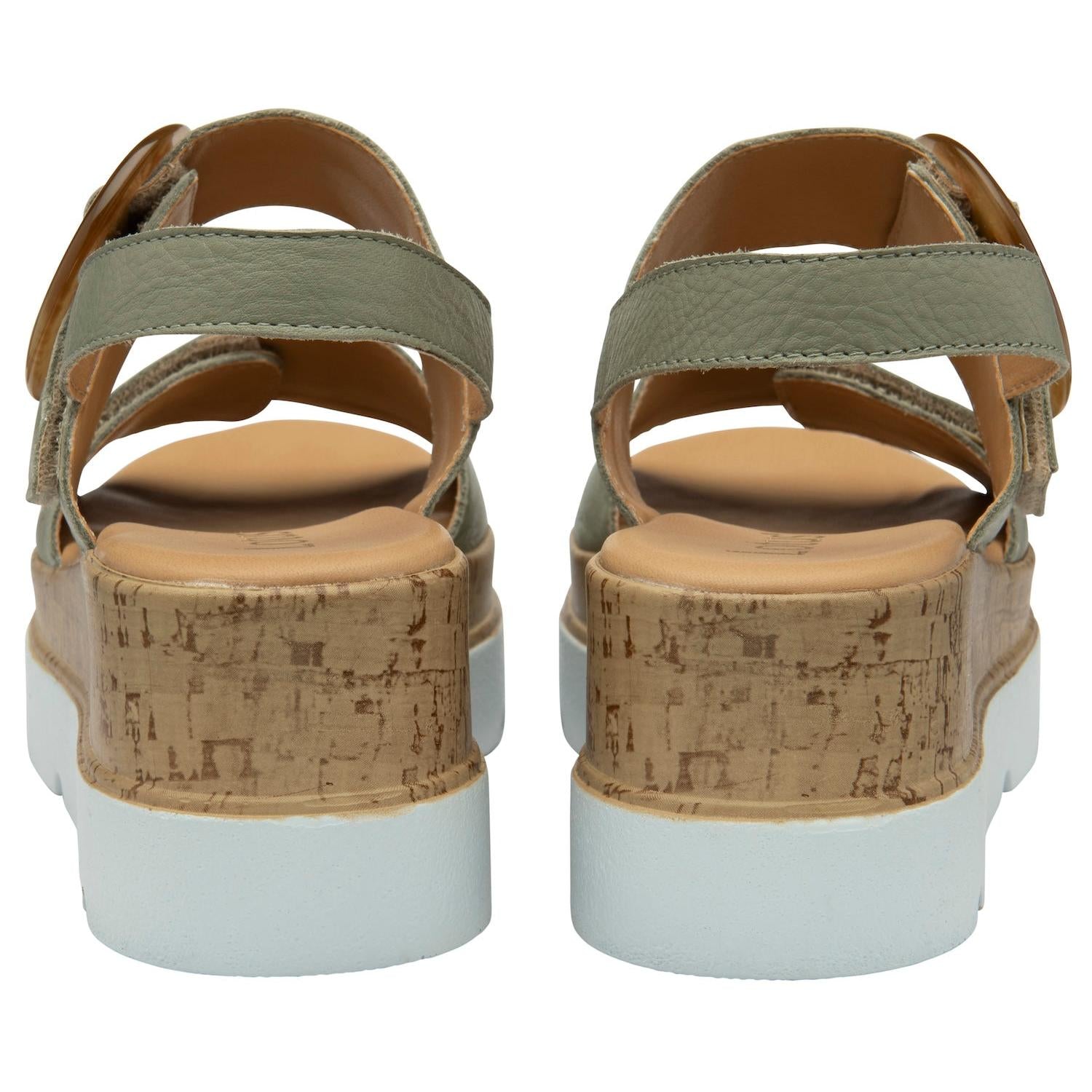 Lotus Cammie Ladies Sage Leather Touch Fastening Sandals with cork wedge heels and white platform soles.
