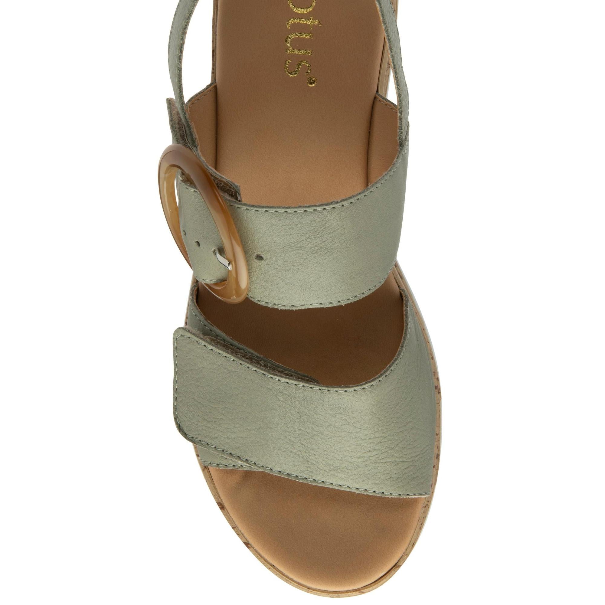 Lotus Cammie women's sage leather touch-fastening sandals with buckle detail, open-toe design, and cushioned footbed.