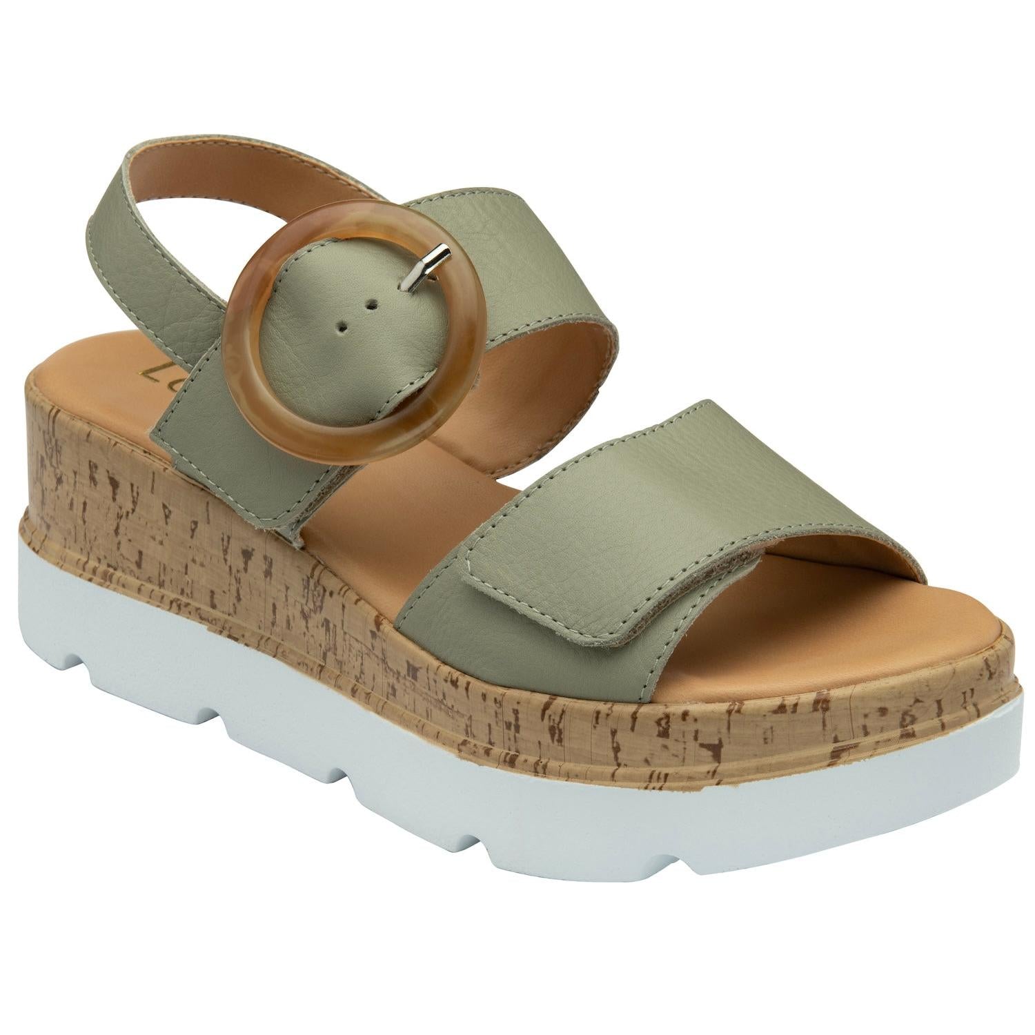 Ladies sage leather touch fastening sandals with cork platform and chunky white sole.
