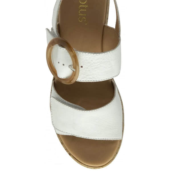Lotus Cammie women's white leather sandals with touch-fastening straps and a circular buckle.