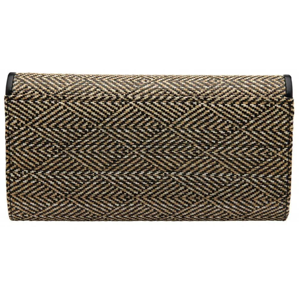 Lotus Chariot Black Clutch Bag with intricate patterned woven design, sleek rectangular shape, and black accents.